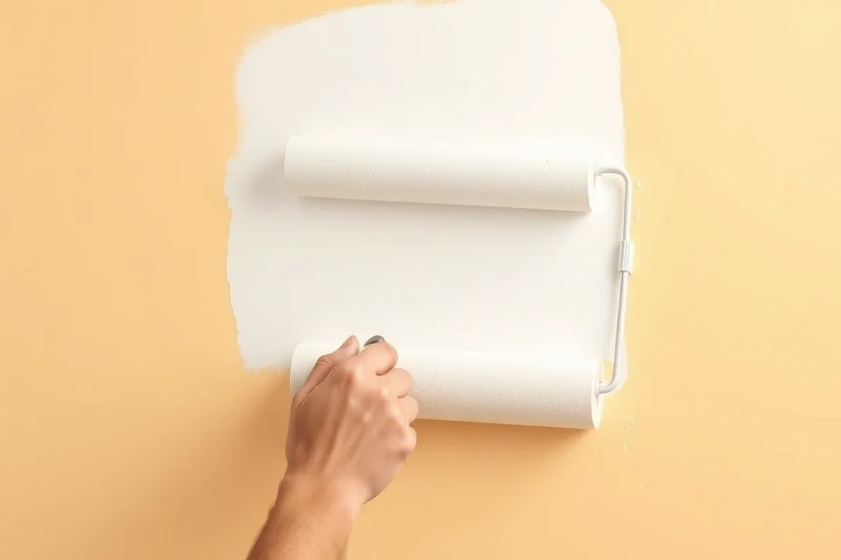 Paint sample swatches taped to a bright living room wall