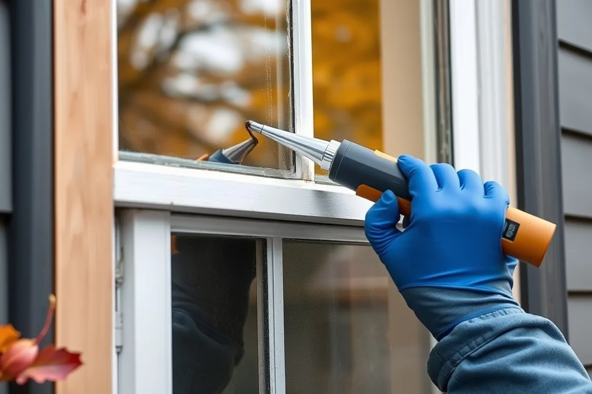 Homeowner cleaning leaves from a gutter with gloves