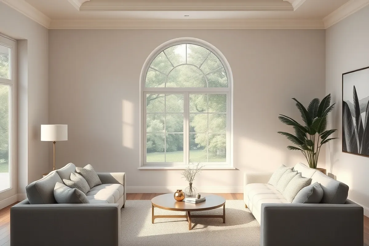 Small living room with a tall mirror and closed storage